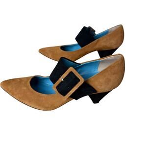Valentina Rangoni Two Tone 11M Mary Jane Suede Pumps Brown Black Side Buckle